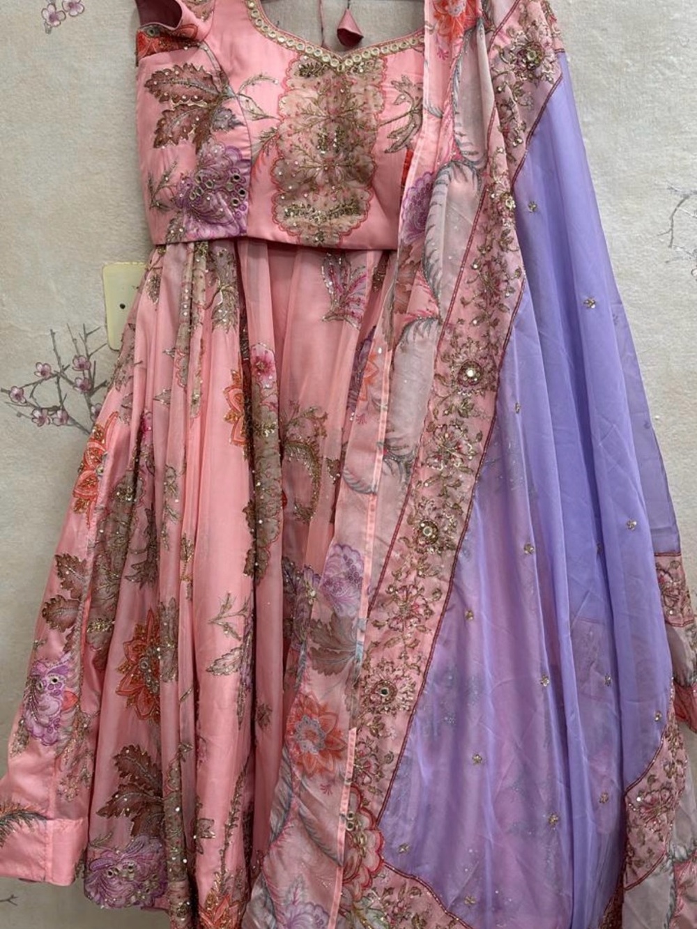 Mahima mahajan inspired Pink and Lavender Wedding lehenga with Floral Embroidery